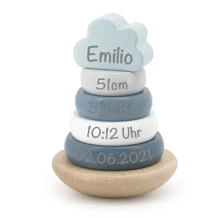Label Label - Ring-Stapelturm - Stapelturm aus Holz Grün - Personalisiert mit Namen Geburtsdaten Baby Jungen Holzspielzeug LLWT-25255